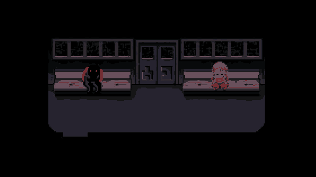 a girl sits on a bench in front of a door