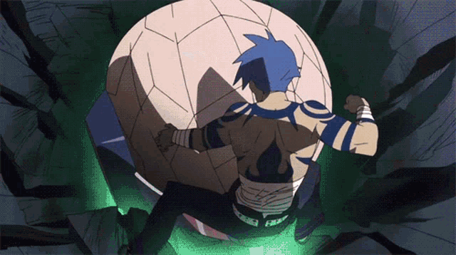 a man with blue hair is standing in front of a ball