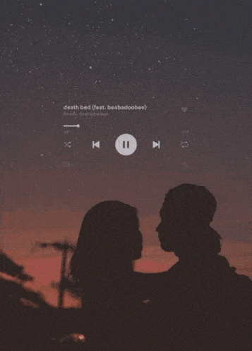 a man and a woman are standing next to each other in front of a music player that says death bed