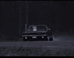 a black dodge charger is doing a burnout on a road at night .