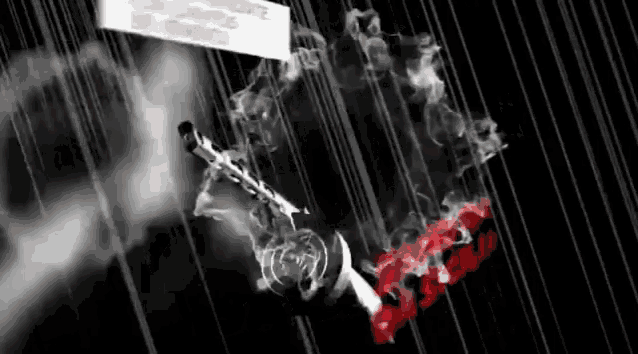 a black and white image of a person holding a gun with smoke coming out of it on a black background .