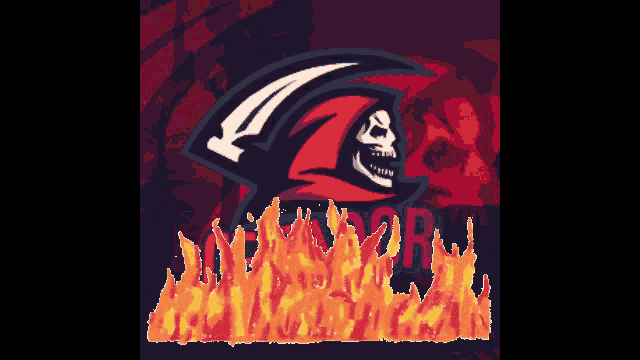 a grim reaper is surrounded by flames on a red background