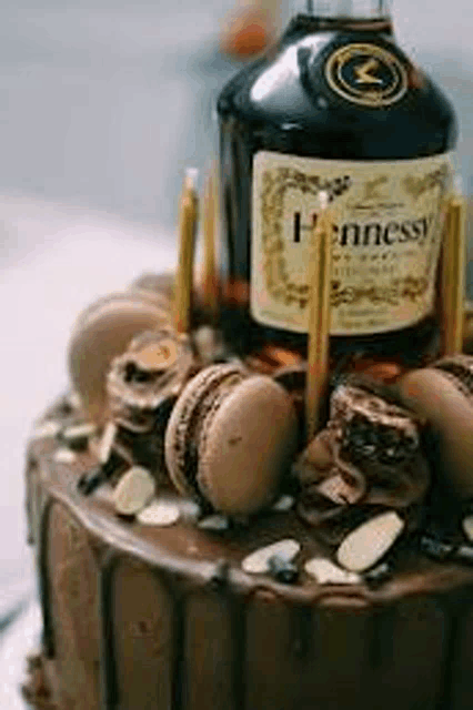 a chocolate cake with a bottle of hennessy cognac on top of it .