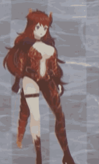 a girl with red hair and horns is standing in front of a gray background