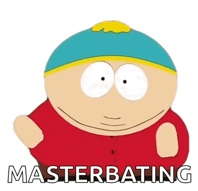 a cartoon character from south park has the word masterbating on his chest