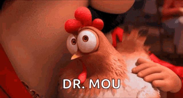 a cartoon chicken is being held by a man and says dr. mou