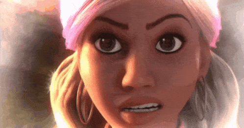 a close up of a cartoon character 's face with a surprised expression .