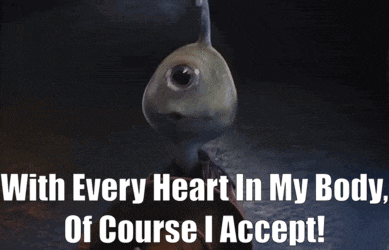 a picture of a cartoon character with the words with every heart in my body of course i accept