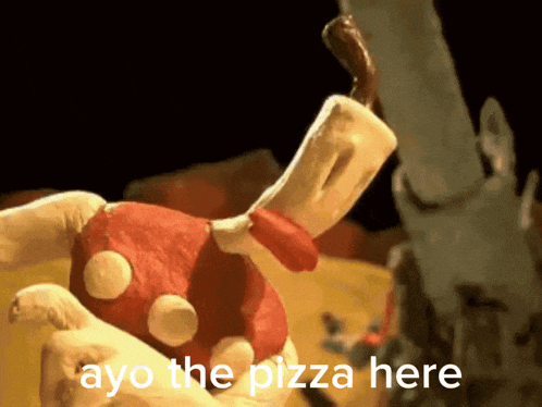 a cartoon character holding a pizza with the words " ayo the pizza here " written below it