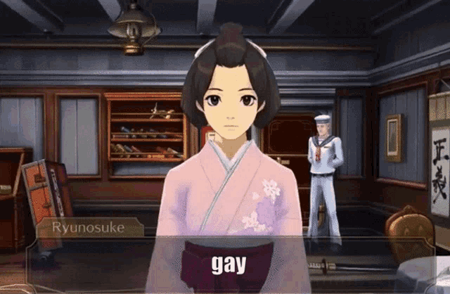 a woman in a pink kimono is talking to ryunosuke