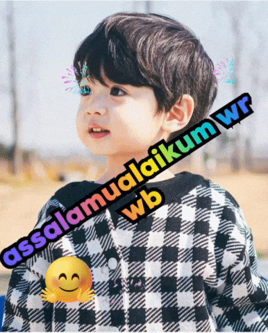 a young boy wearing a plaid sweater with the words assalamualaikum wr on it