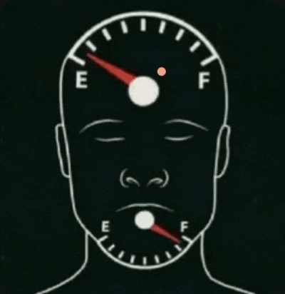 a drawing of a man 's head with a gauge on it that says e on it
