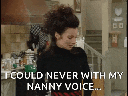 a woman is standing in a kitchen and saying `` i could never with my nanny voice '' .