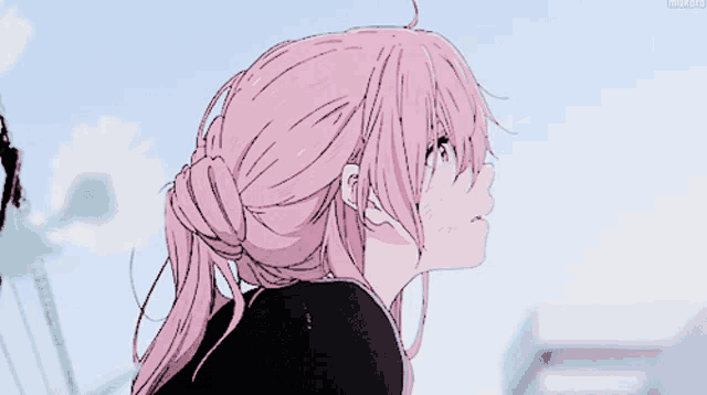 a drawing of a girl with pink hair looking up at the sky