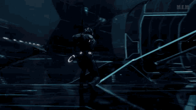 a man in a futuristic suit is dancing in a dark room with mem written in the corner