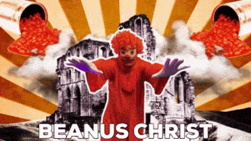 a clown is standing in front of a ruined building with the words beanus christ written below him