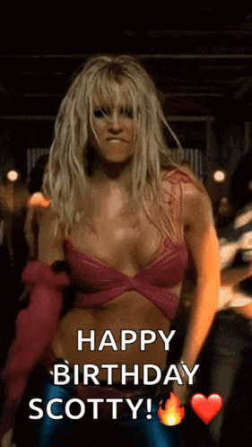 a woman in a pink top is dancing and says happy birthday scotty !