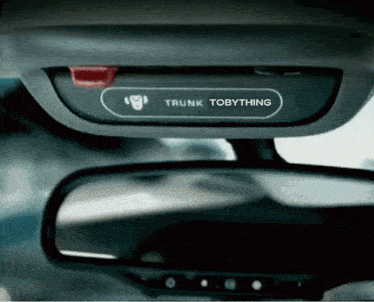 a trunk tobything sticker on the rear view mirror