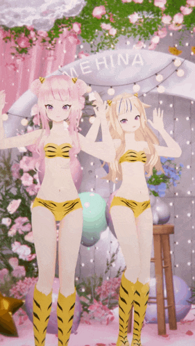 two anime girls are standing in front of a sign that says " mehina "