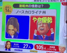a screen shows a cartoon of harris and trump on it
