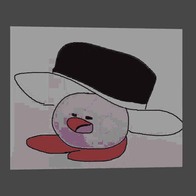 a drawing of kirby wearing a black hat with a white brim