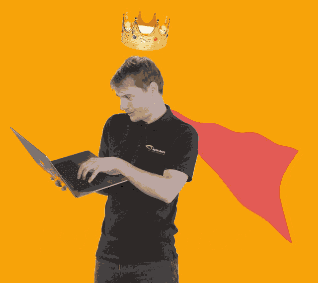 a man with a crown on his head using a laptop with the word editkoning below him