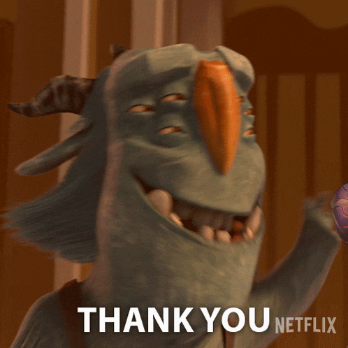 a cartoon character says thank you netflix on the bottom right