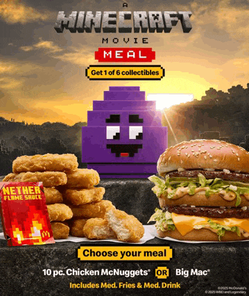 an advertisement for a minecraft movie meal with chicken mcnuggets and a hamburger