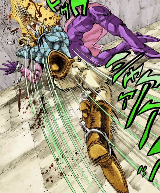 a cartoon of a man kicking another man in the face with a green arrow pointing to the left