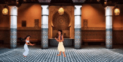 a man and a woman dancing in a room with columns