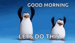 two penguins are standing next to each other with their arms in the air and a blue background .