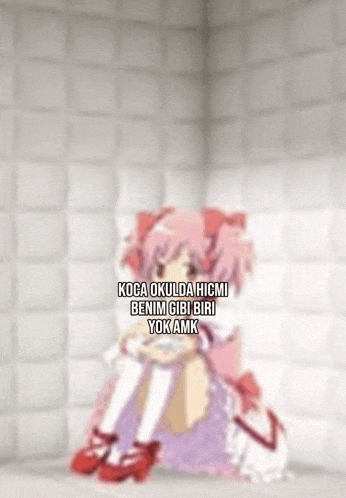 a girl with pink hair and red shoes is sitting in a corner of a room