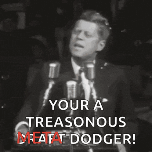 a man speaking into a microphone with the words " your a treasonous meatfat dodger "