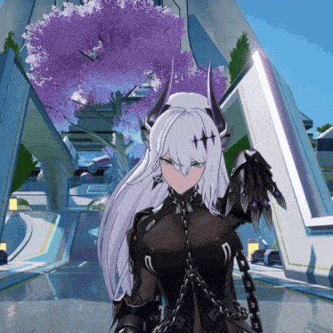 a video game character with purple horns and chains on her arms