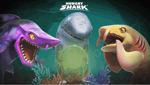 a hungry shark advertisement with three sharks and a green egg