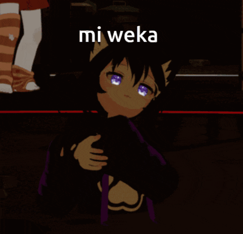 a cartoon character with purple eyes and the words mi weka above