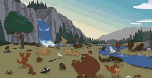 a cartoon drawing of a waterfall and animals