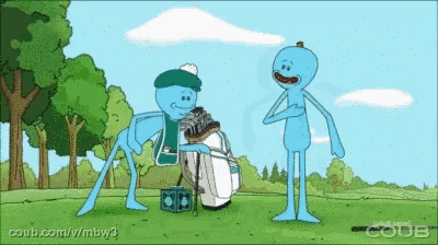 two cartoon characters are standing on a golf course and one has a golf bag on his back