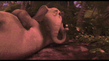 a cartoon elephant is laying on the ground in the woods