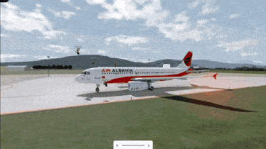 a red and white air albania plane is on the runway