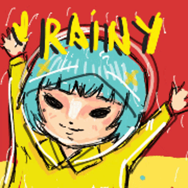 a drawing of a person with the word rainy in yellow