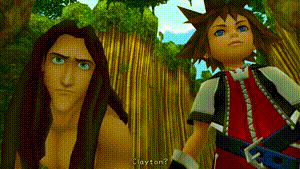 a video game character named clayton is standing next to a cartoon character
