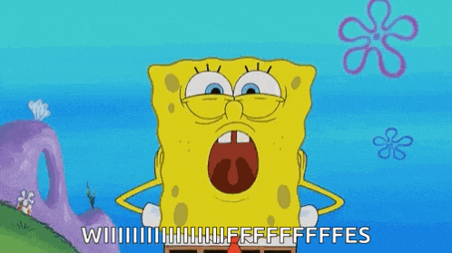 spongebob squarepants is making a funny face with his mouth wide open .