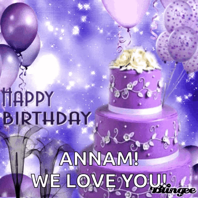 a purple birthday cake with balloons and the words happy birthday annam we love you