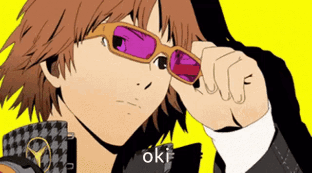 a cartoon of a man wearing sunglasses with the word oki on the bottom right