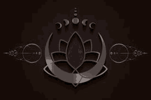 a silver lotus flower with a crescent moon and circles on a dark brown background .