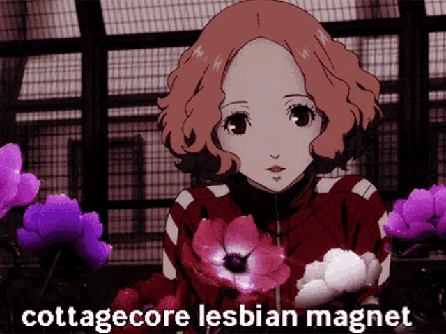 a picture of a girl with purple flowers and the words " cottagecore lesbian magnet " below her