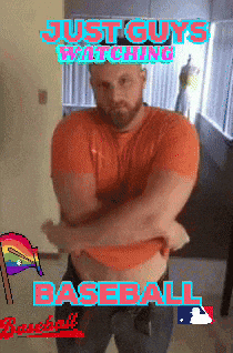 a man with his arms crossed and the words just guys watching baseball above him