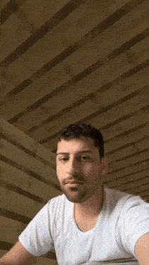 a man with a beard wearing a white shirt looks at the camera
