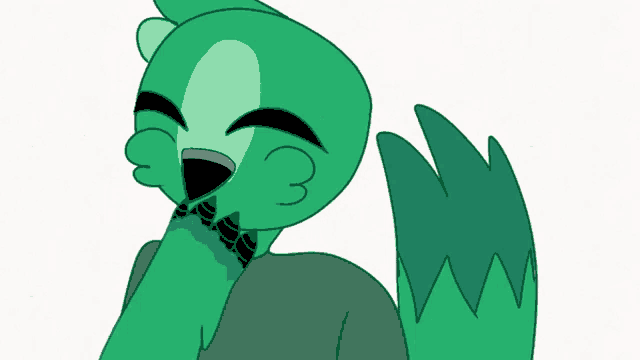 a cartoon drawing of a green bird with a black shirt on